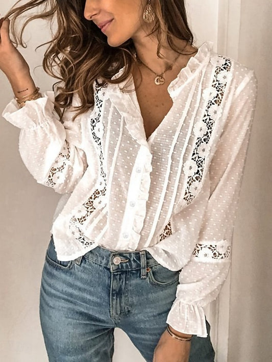 Women's Casual Shirt Button Up Shirt Blouse Lace Ruffle