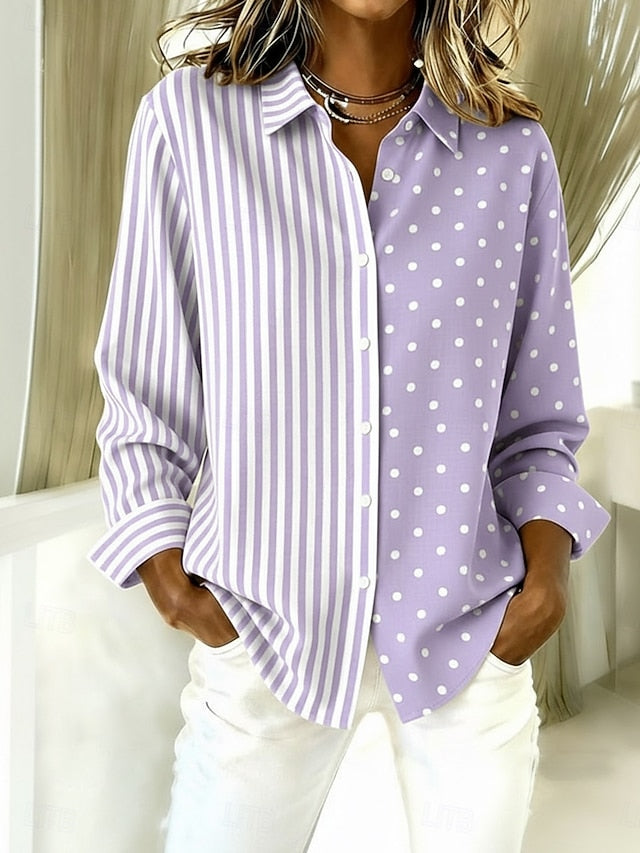 Women's Shirt Faux Cotton Linen Buttons Print Striped