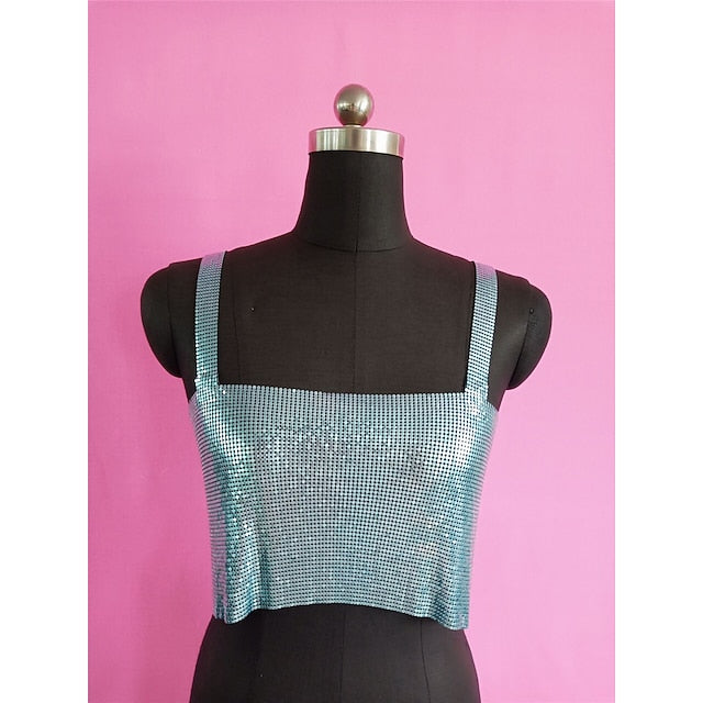 Metallic Backless Sparkle Camisole Crop Tank Top Disco Deep V