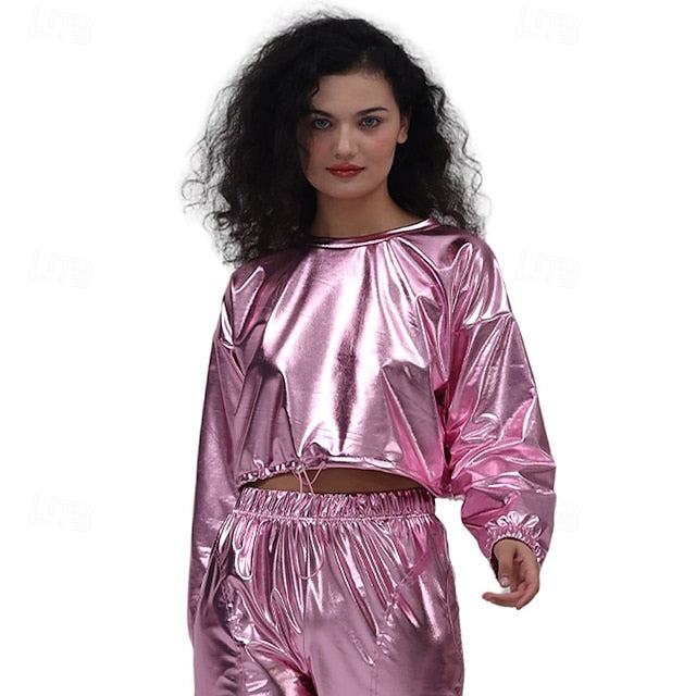 1980s Hip Hop Shiny Metallic Crop Top Sweatshirt Disco Fancy