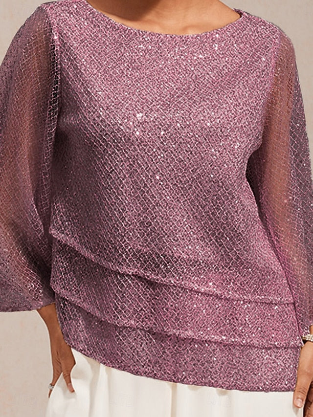 Women's Blouse Lace Tops Sequins Patchwork Illusion Solid