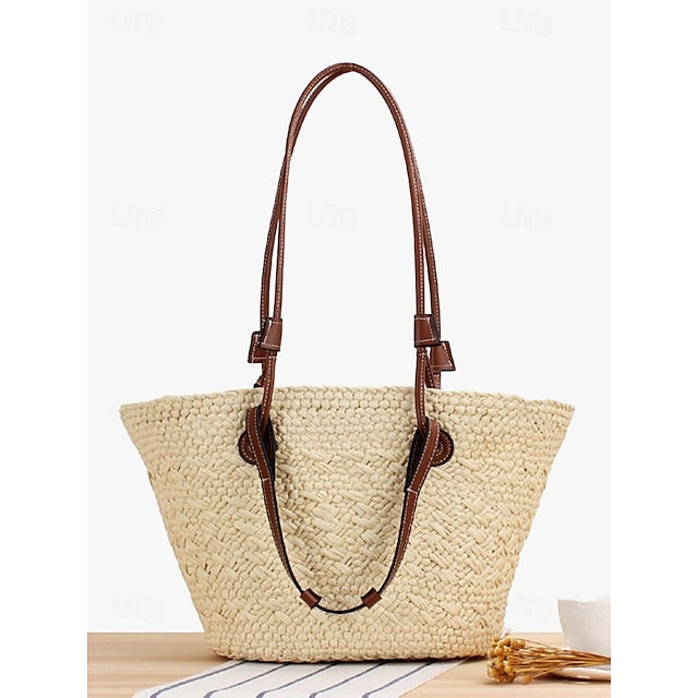 Grand sac fourre-tout chic en paille avec sangles pour femme, style bohème, en cuir