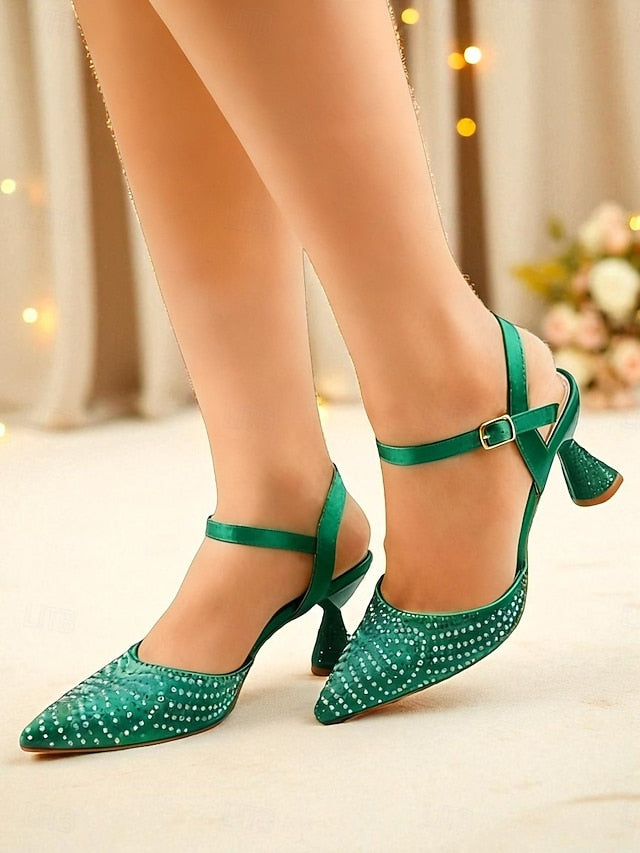 Women's Red Toe Rhinestone Pointed Heels Slingback