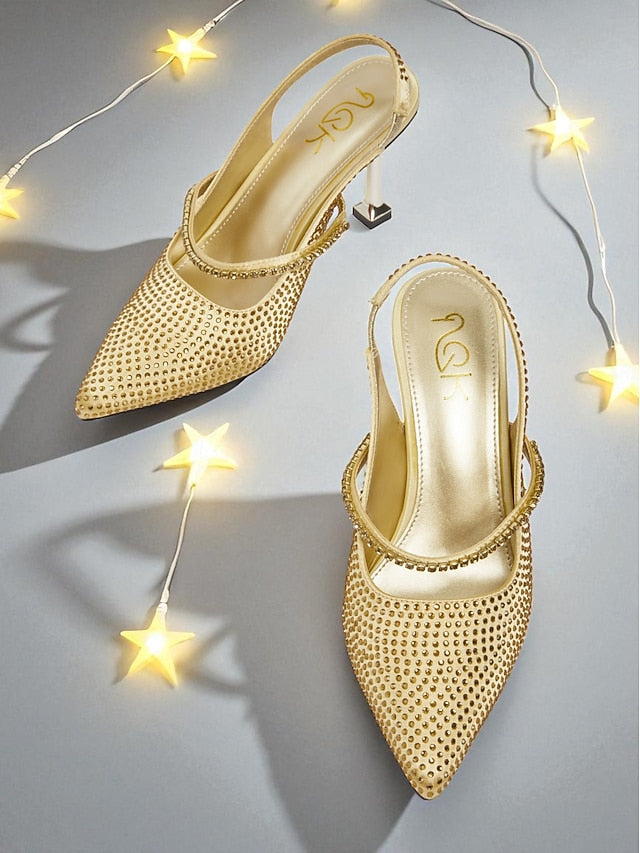 Rhinestone Toe Gold Pointed Sparkly Heels Women's -