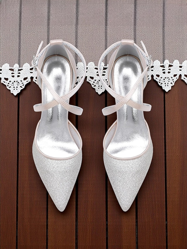 Stiletto Elegant Silver - Ankle Women's Heels Strap Glitter