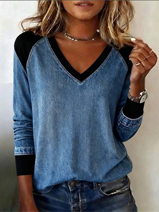 Women's Blouse Dressy Tops Patchwork Color Block Plain