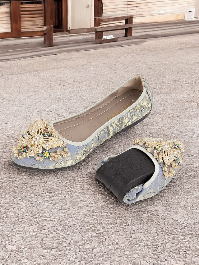 Flats Ballet with Foldable Women's Beaded Embroidered
