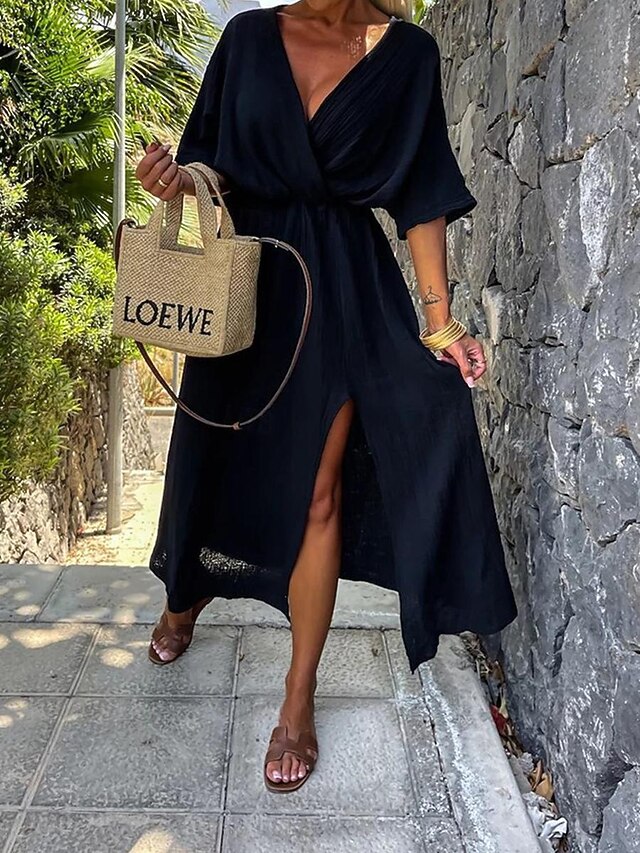 Women's Black White Apricot Summer Spring Midi Dress Faux