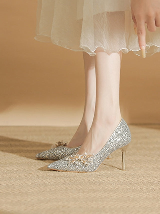Heels Floral Silver with Women's Glitter Stiletto