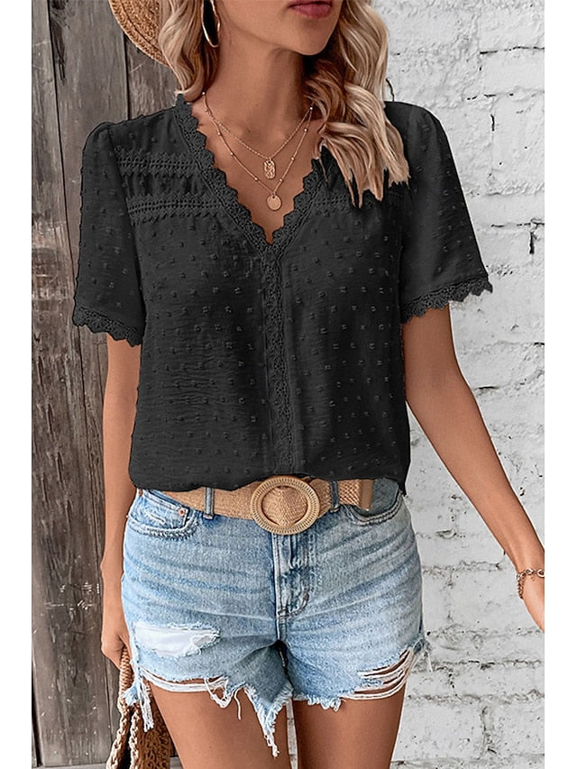 Women's T Shirt Lace Solid Color Fashion Short Sleeve V