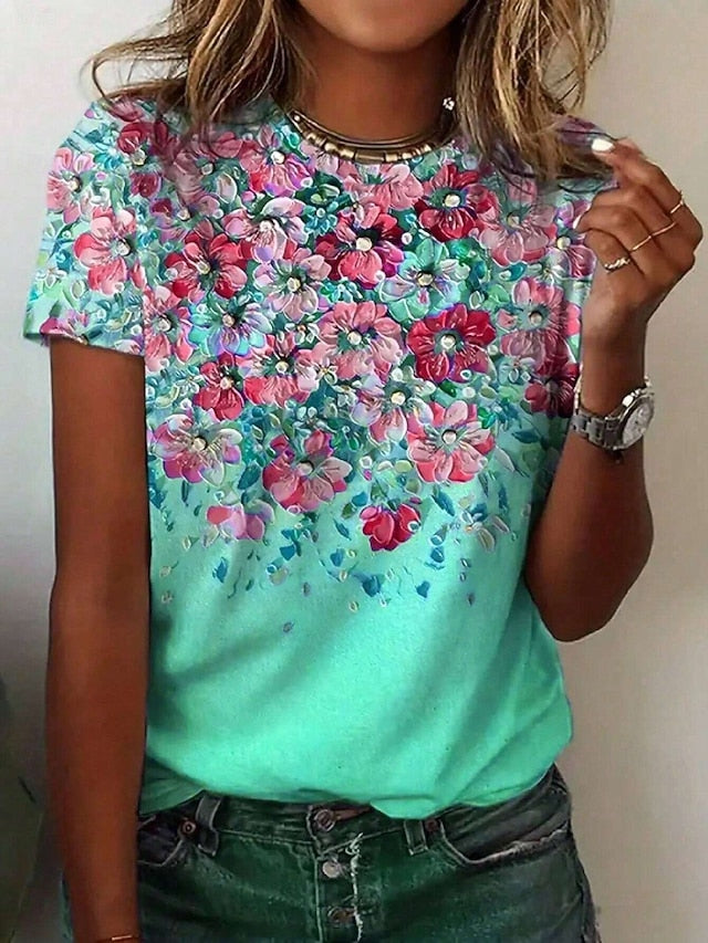 Women's T Shirt Print Floral Casual Short Sleeve Round Neck