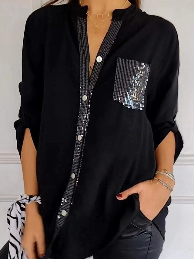 Women's Shirt Elegant Dressy Satin Top Sequins Patchwork
