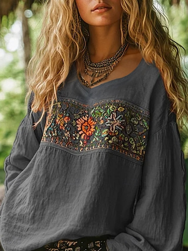 Women's Western Blouse Boho Shirt Blouse Faux Cotton Linen