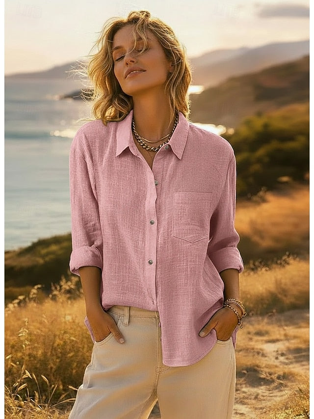 Women's Shirt Button Up Blouse Long Cotton Top Pocket