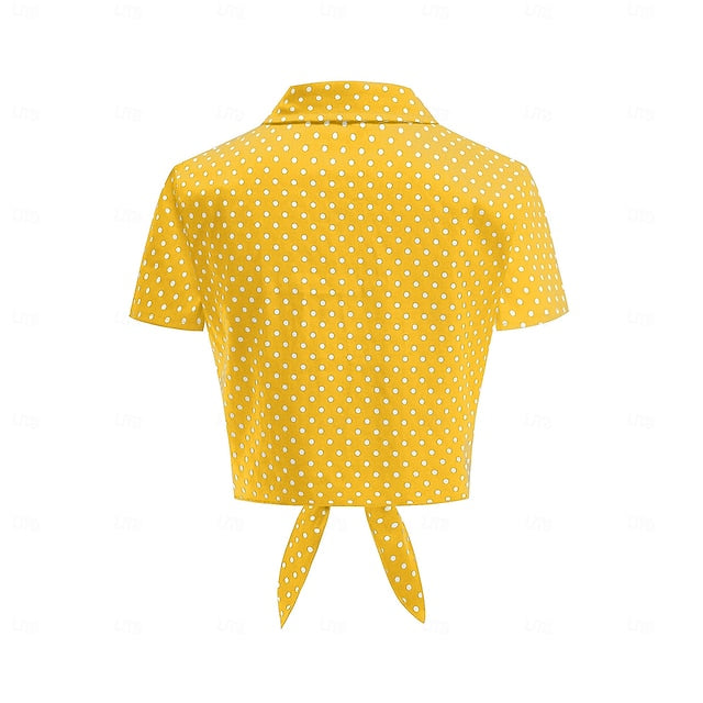 1950s Retro Vintage Crop Top Shirt Short Sleeves Polka Dot Fancy