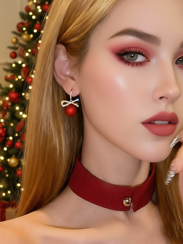 Women's Christmas Pearl with Rhinestone and Earrings Bow