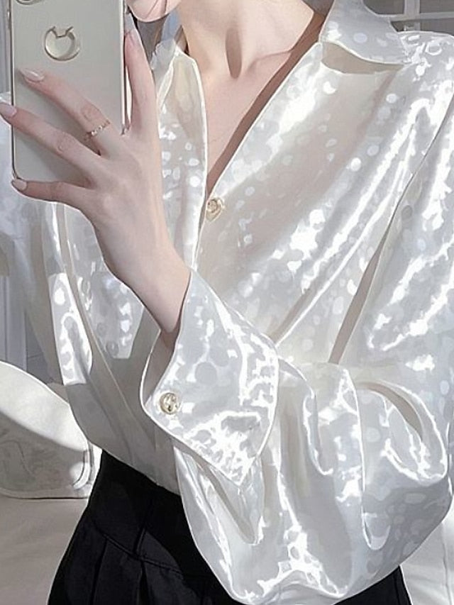 Women's Shirt Elegant Dressy Satin Top Buttons Polka Dot