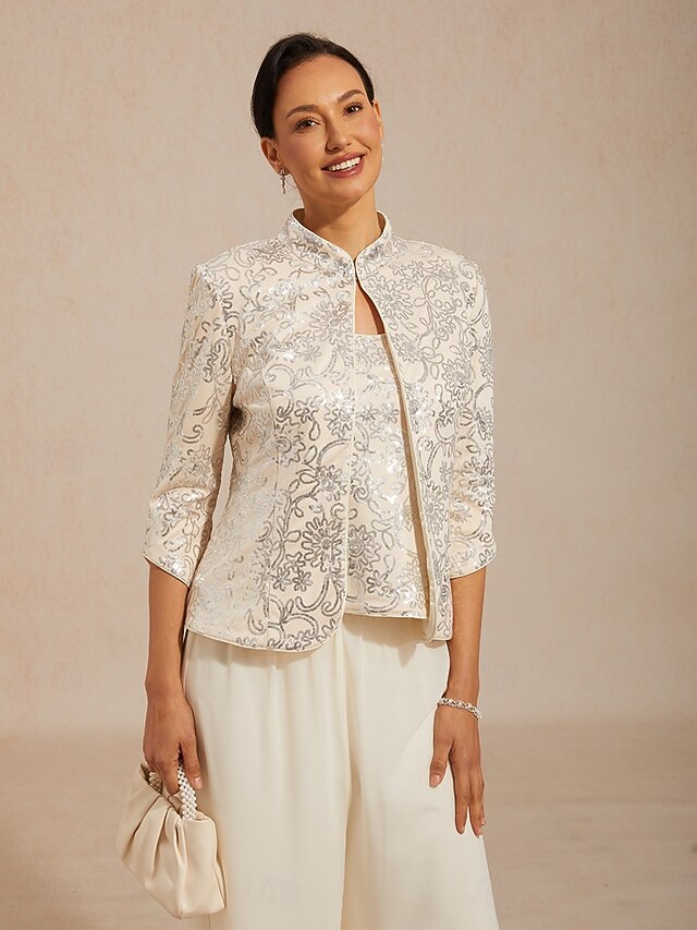 Women's Jacket Twinset Sequins Floral Paisley Elegant 3/4