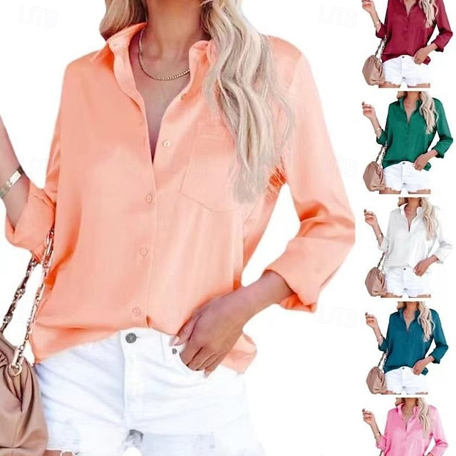 Women's Satin Shirt Casual Shirt Blouse Pocket Buttons