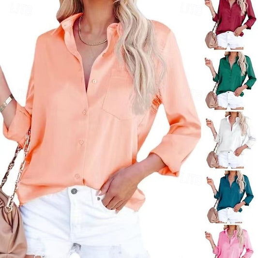 Women's Satin Shirt Casual Shirt Blouse Pocket Buttons