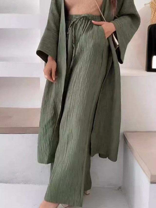 Women's Blouse Pants Sets Long Sleeve V Neck Solid Color