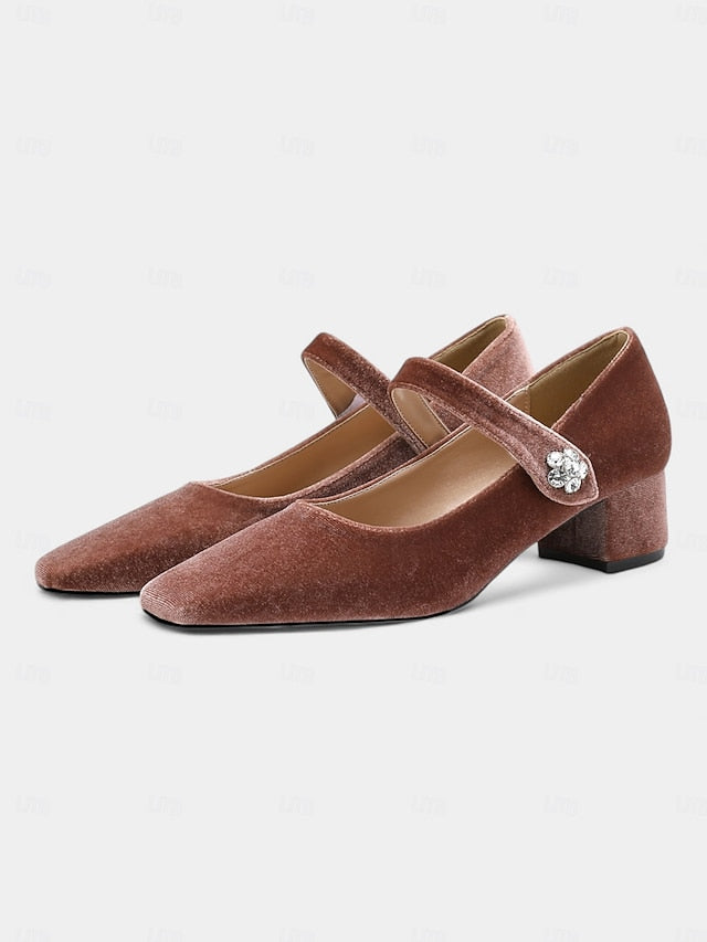 Green Women's Mary - Jane Block Toe Velvet Pumps Square