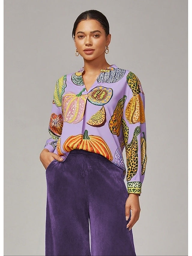 Women's Purple Pumpkin Print Pullover Shirt Loose Fit Drop