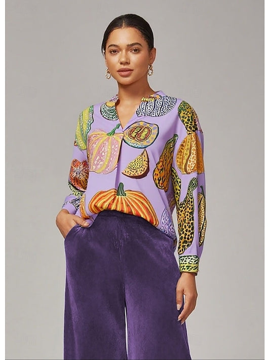 Women's Purple Pumpkin Print Pullover Shirt Loose Fit Drop
