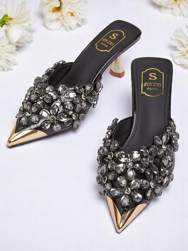 Mules Embellished Pointed-Toe – Rhinestone Women's Black