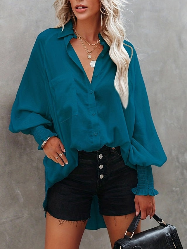 Women's Shirt Blouse Buttons Plain Striped Casual Long
