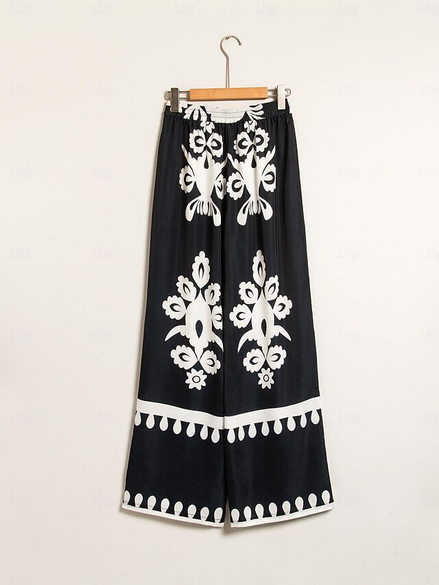 Women's Pants Black Floral Print Straight Leg Satin