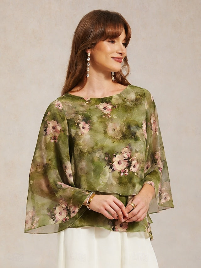 Women's Chiffon Tops Lace up Floral Elegant 3/4 Length