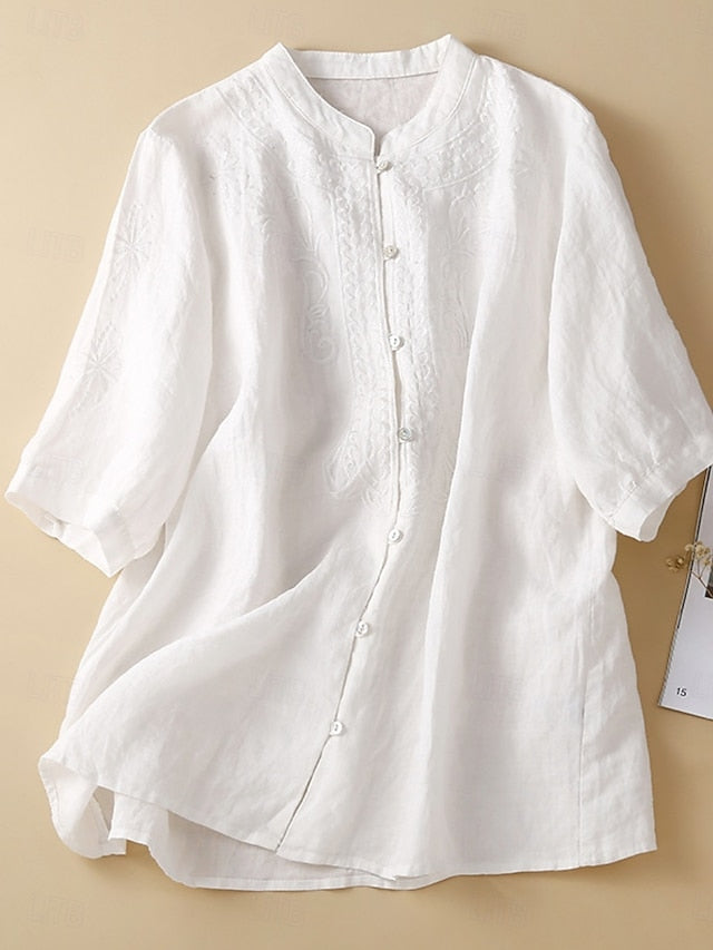 Women's Cotton Linen Blouse Embroidered Buttons Solid Color