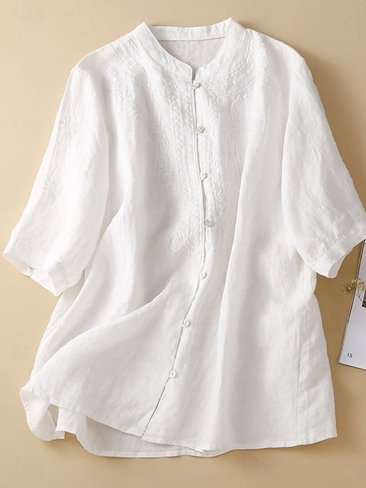 Women's Cotton Linen Blouse Embroidered Buttons Solid Color