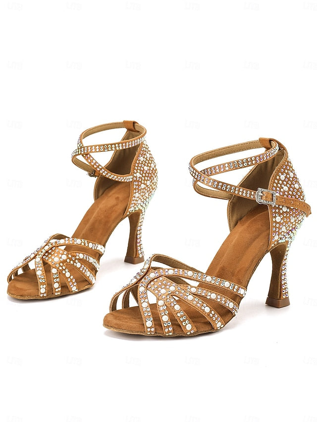 Sandals High Heel Tan Rhinestone-Embellished with Dance Latin