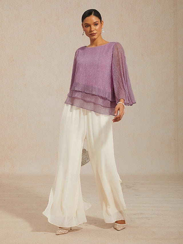 Women's Blouse Chiffon Tops Pleated Layered Metallic
