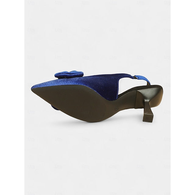 Velvet Pointed Toe Women's with Bow Slingback Heels Blue