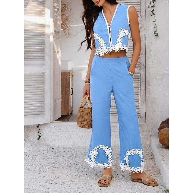 Women's Shirt Pants Sets Sleeveless V Neck Solid Color Lace