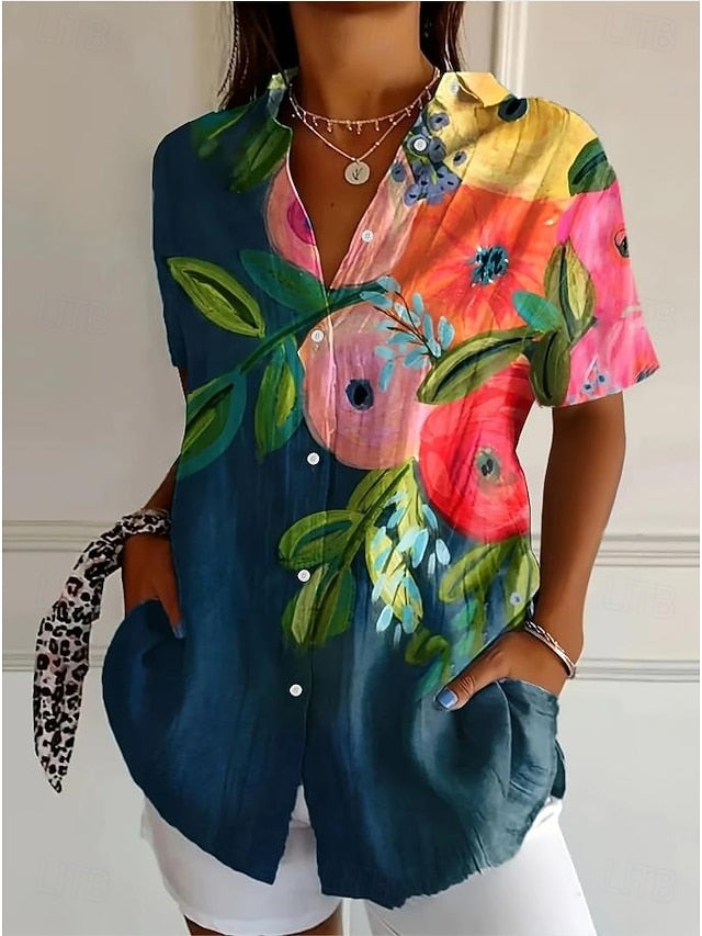 Women's Shirt Long Sleeve Button Down Blouse Floral Graphic