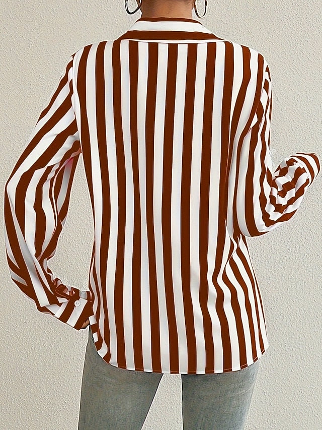 Women's Shirt Blouse Patchwork Buttons Striped Elegant