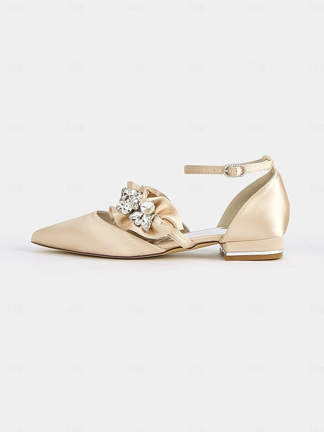 with Satin Pointed-Toe Flats Black Rhinestone Women's