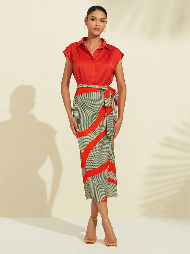 Women's Midi Skirt Green Color Block Elastic Waistband