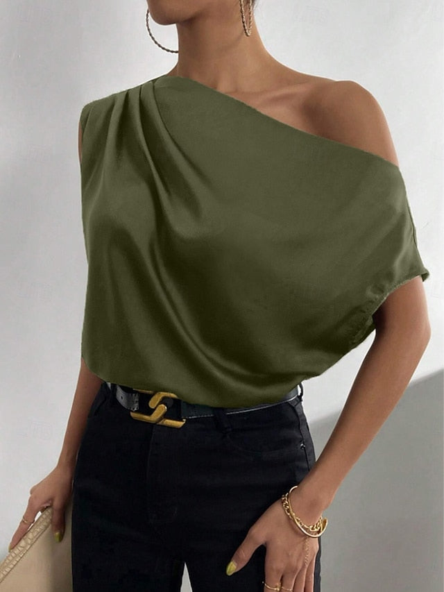 Women's Satin Tank T Shirt Tee Top Asymmetrical Plain