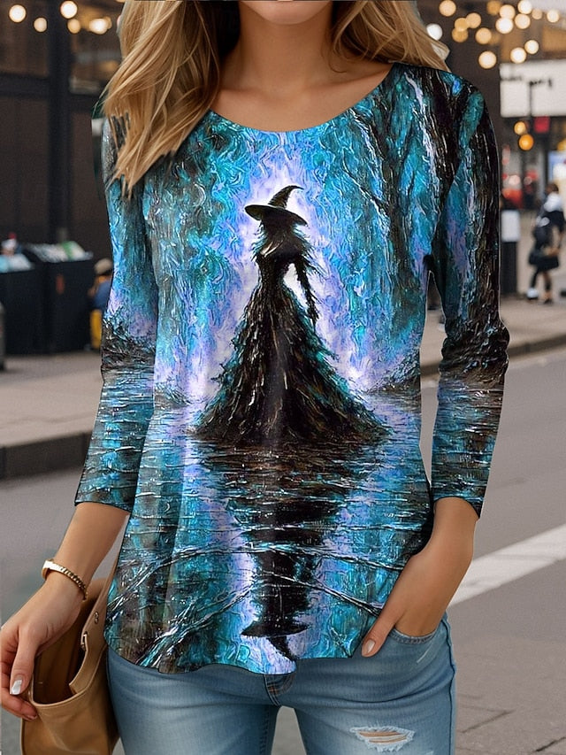Women's T shirt Witch Long Sleeve Crew Neck Long Sleeve