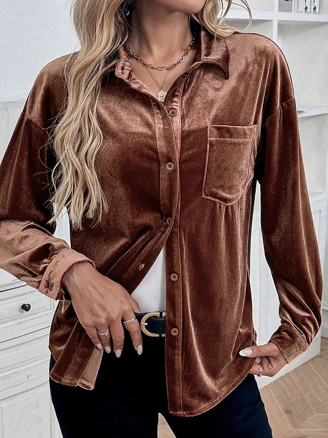 Women's Dress Shirt Button Up Shirt Blouse Velvet Blouse