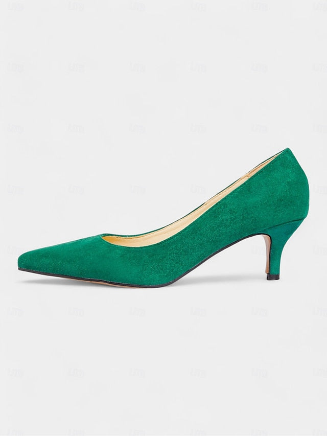 Women's Pointed-Toe Kitten Green Suede Pumps Emerald with