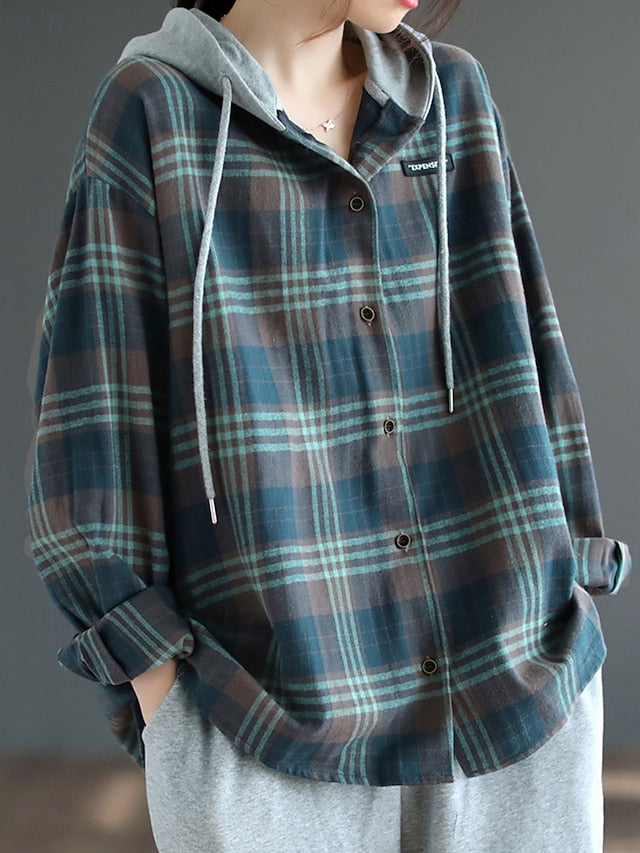 Women's Blouse Buttons Print Plaid Stylish Casual Long