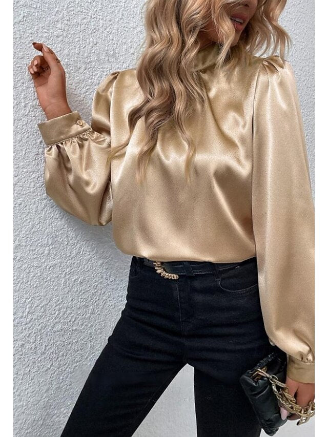 Women's Satin Tee Top Ruched Solid Color Elegant Stylish