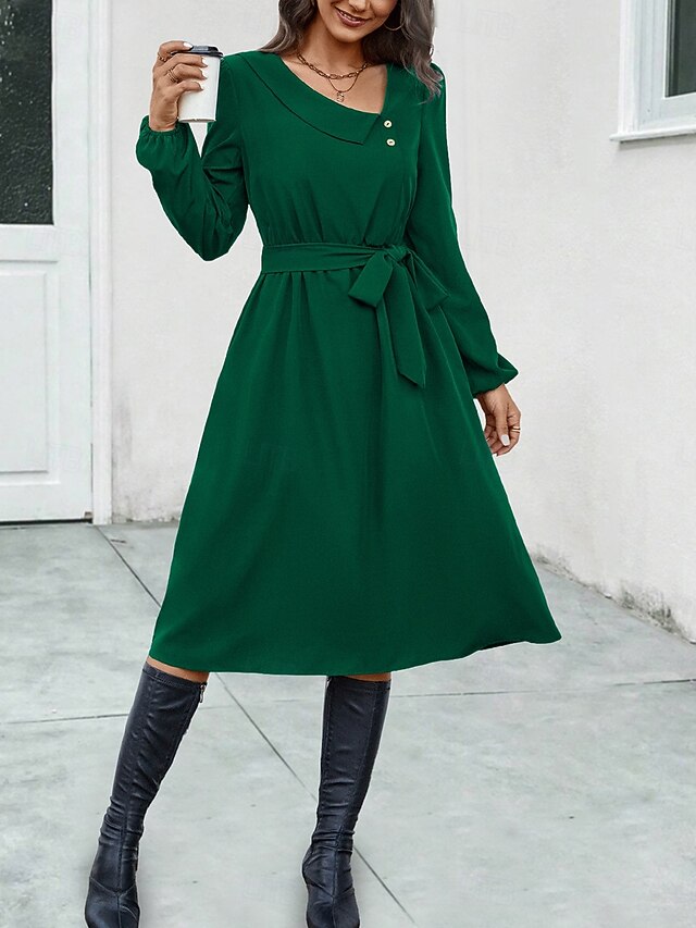 Women's Midi Dress Elegant Dark Green Long Sleeve Belted