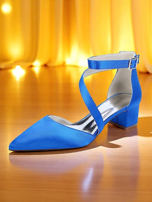 Women's Pointed Heels Toe Satin Block Champagne -